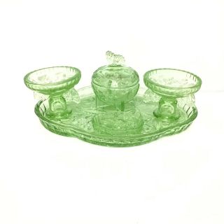 Vintage Green Depression Glass 6 Piece Dressing Table/ Vanity Set Art Deco 402