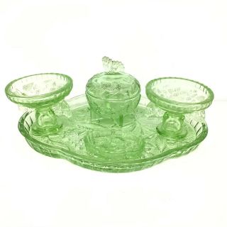 Vintage Green Depression Glass 6 Piece Dressing Table/ Vanity Set Art Deco 402 2