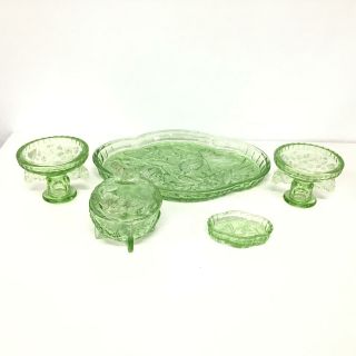 Vintage Green Depression Glass 6 Piece Dressing Table/ Vanity Set Art Deco 402 3
