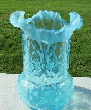 Vintage NORTHWOOD Blue Opalescent Spanish Lace Ruffled Vase 6.  25 