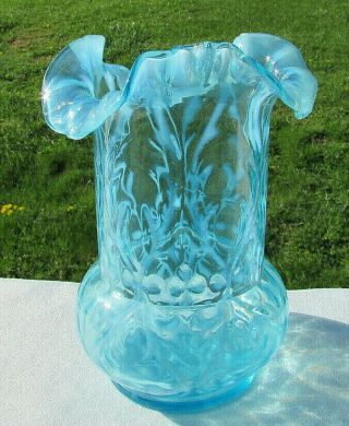 Vintage NORTHWOOD Blue Opalescent Spanish Lace Ruffled Vase 6.  25 