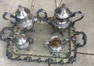 6 Piece Vintage Silver On Copper Tea Set Grape & Vine Heavy Thick
