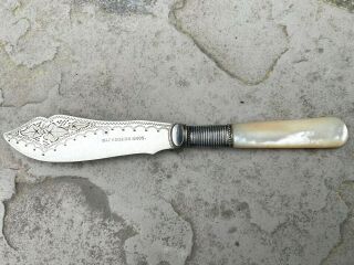 Antique 1847 Rogers Bros.  Ornate Sterling Butter Knife W/mother Of Pearl Handle
