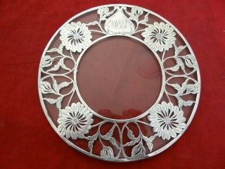 Antique Art Nouveau Floral Motif Sterling Silver Overlay Glass Trivet Coaster