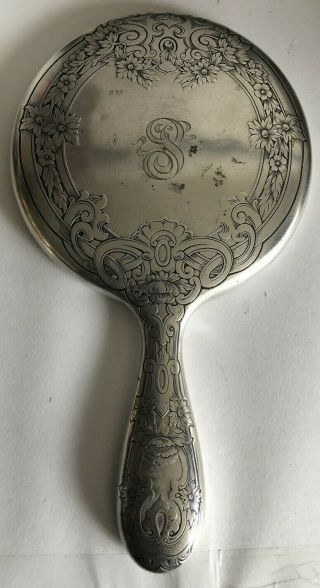 Vintage Art Nouveau Sterling Silver Hand Mirror Has 