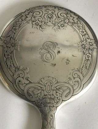 Vintage Art Nouveau Sterling Silver Hand Mirror has ' S ' monogram 9.  5 Inches 2