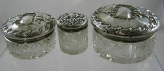 Antique Repousse Silver Topped Dressing Table Glass Jars X 3 - 1904