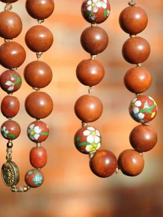 Vintage Necklace Of Chinese Cloisonné W/red Jasper Prayer Beads - S/silver Clasp