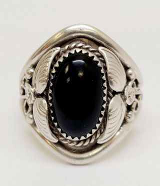 Vintage Navajo Signed B Sterling Silver Oval Black Onyx And Feather Ring Sz 13