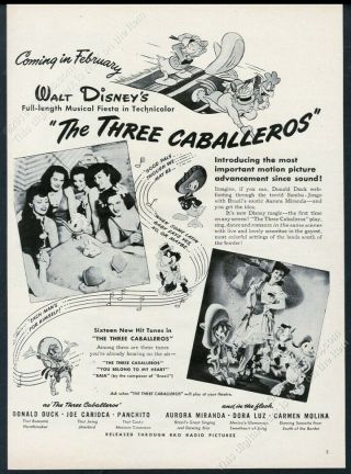 1944 Walt Disney The Three Caballeros Movie Donald Duck Jose Carioca Print Ad