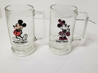 Vtg Walt Disney Productions Mickey & Minnie Mouse Heavy Glass Mug Cup Beer Stein