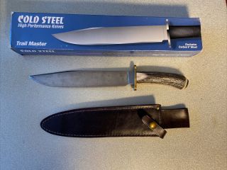 Cold Steel Usa Trailmaster Carbon V Knife Stag Handle W/ Leather Sheath 1990’s