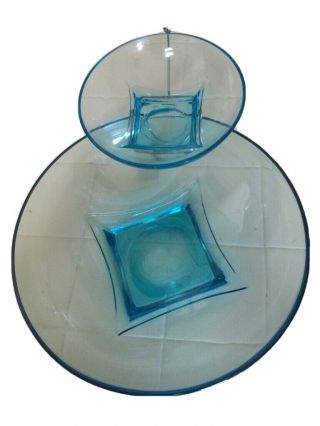 Vintage Hazel Atlas Simplicity Capri Blue Glass Chip And Dip Bowls Set W/rack