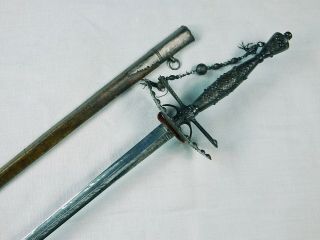Antique 19 Century British English France French Engraved Court Sword & Scabbard