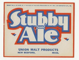 Stubby Brand Ale Label Irtp U Springfield And Bedford Ma