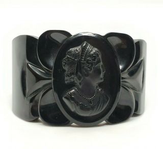 Stunning Vintage Deeply Carved Black Bakelite Floral Cameo Clamper Cuff Bracelet