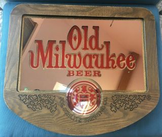 Vintage Old Milwaukee Beer Mirror Bar Sign Faux Wood Jos.  Schlitz Brewing Co.