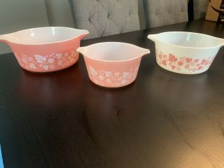 3 Vintage Pyrex Pink White Gooseberry Casserole Bowls 473 474 475 1,  1.  5,  2.  5 Qt