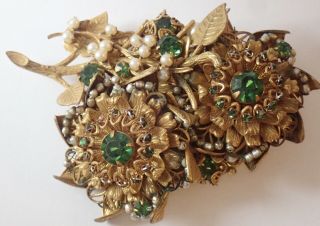 Vintage Miriam Haskell Gilt Beaded Emerald Green Rhinestone Pearl Flower Brooch
