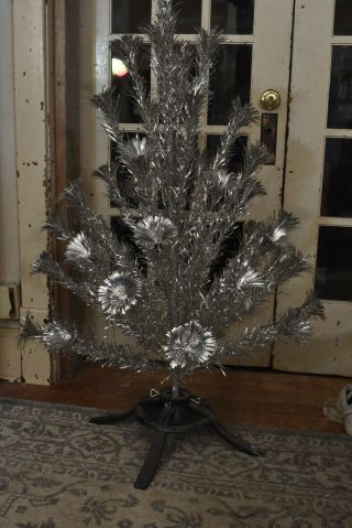 Vintage Keystone Pom Pom Royal Pine Aluminum 4 Ft.  Christmas Tree W/ Ornaments