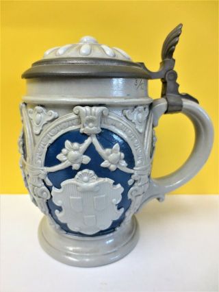 Vintage Mettlach Villeroy & Boch Beer Stein With Cameo Relief Owl & Shield 2077