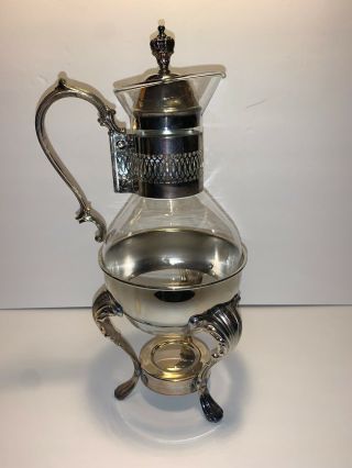 Vintage Silver Plate & Glass Coffee/tea Carafe Pitcher W Footed Warmer Stand