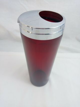 Ruby Red Cocktail Shaker Art Deco Hand Blown Glass & Chrome Lg 9 " 32oz 40s Vtg