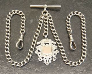 Antique Silver Curb Link Double Albert Pocket Watch Chain & Fob,  By H.  A&s.