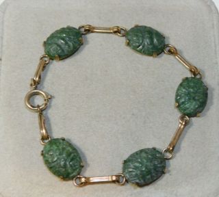 Vintage Jade Green Carved Stone Gold Tone 7.  5 " Bracelet 12b 104