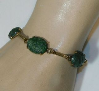 Vintage Jade Green Carved Stone Gold tone 7.  5 