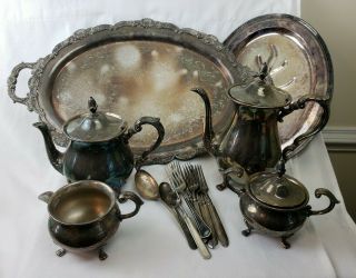 Vintage Bristol Silver Plate By Poole 110 Coffee Tea Pot Creamer Sugar Tray