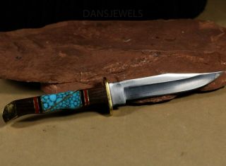 Old Pawn Vtg 7 1/2 " Hand Inlaid Turquoise Coral Wood Knife Inlay Handle Sheath