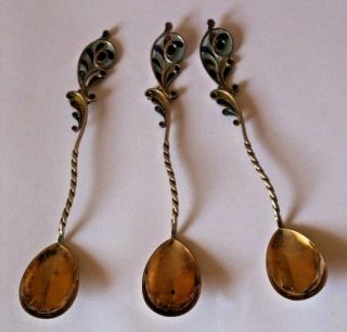 Set Of 3 Vintage Scandinavian Silver And Plique A Jour Spoon