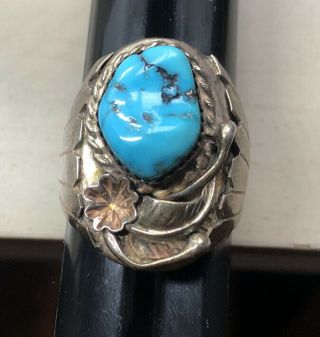Vintage Navajo Sterling Silver Turquoise Leaves Design Ring Size 12