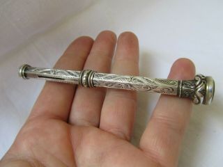 Antique Ornate Silver Chunky Large Retracting Sliding Jewelled Pencil