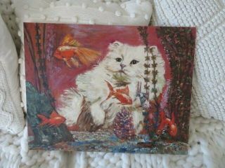 Fabulous Old Vintage Oil Painting White Long Hair Cat Kitten With Gold Fish