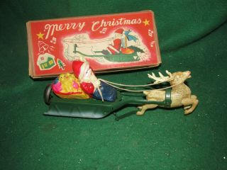 Vintage Tin & Celluloid Windup - Santa Sleigh - " Merry Christmas " - 1950 