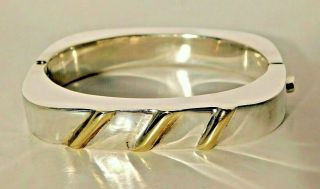 Vtg Modernist Sterling Silver Square Hinged Bangle Bracelet W/ Gold Color Design