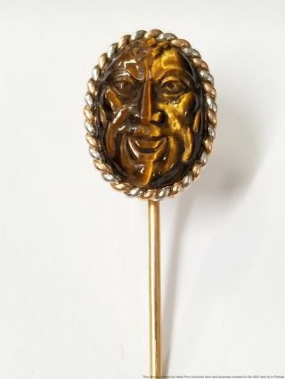 Vintage Carved Tigers Eye Cameo 14k Yellow White Gold Sweater Stick Pin