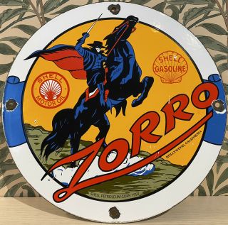 Vintage Shell Motor Oil Porcelain Sign Zorro Gas Pump Plate Service Station Ca