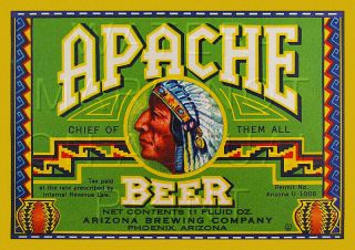 17 " X 12 " Reproduced Arizona Brewing Co Apache Beer Label On Canvas