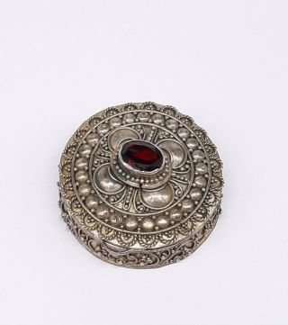 Antique Sterling Silver Pill Box With Faceted Red Ruby Solitaire