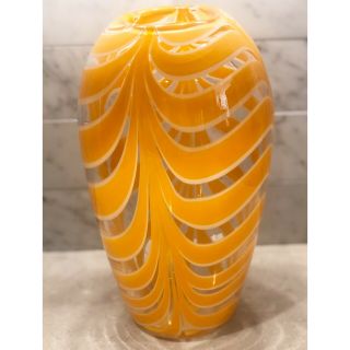 Vintage Murano Hand - Blown Art Glass Vase Orange & White 11” Chevron Pattern