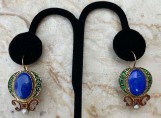 Vintage Lapis Enamel Ruby And Pearl Sterling Gold Vermeil Earrings Chinese?
