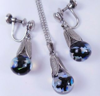 Vtg Unusual Black Floating Opal Sterling Silver Necklace Pendant Earrings Set