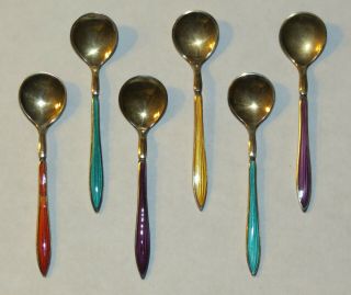Set Of 6 Vintage Norway Sterling Silver/enamel Guilloche Salt Spoons