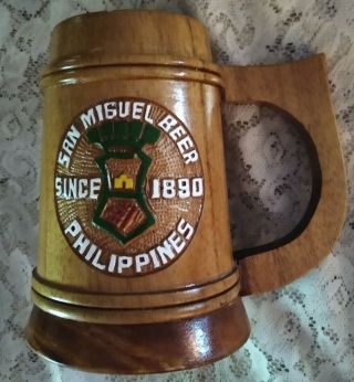 Large Vintage Hand Carved Wooden San Miguel Beer Mug Stein Philippines Wood