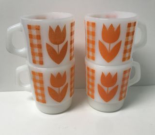 4 Vtg Termocrisa Milk Glass Coffee Mug With Check & Orange Tulip Flowers Gingham