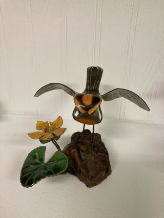 Vintage Enamel On Copper Brown Warbler W/ Marigold Bird Sculpture Norman Brumm