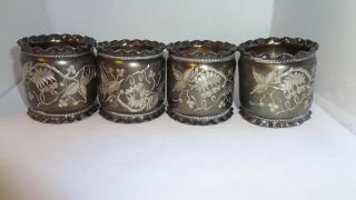 Set Of 4 Antique Etched Silver Plate Napkin Rings Ruffled Edge Rope Trim